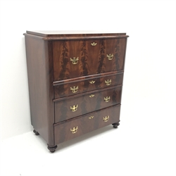 19th century figured mahogany secretaire chest, fall front enclosing fitted interior, three gradating drawers, turned supports, W100cm, H115cm, D52cm