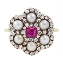 Early 20th century 18ct gold and silver ruby, diamond and pearl flower head cluster ring, ...