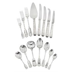 Composite set of modern silver Fiddle thread and shell pattern flatware for four place settings, comprising table knifes, side knifes, dessert knifes, table forks, side forks, dessert forks, table spoons, side spoons, soup spoons, dessert spoons, teaspoons and coffee spoons, cheese knife, soup ladle, cake knife, hallmarked Yates Brothers, Sheffield 1989, 1990, United Cutlers Ltd, Sheffield 1991, 1997, and Hugh Crawshaw, Sheffield 1989, 1990, 1988, approximate gross weight 102 ozt (3173 grams), together with four United Cutlers of Sheffield burgundy knife wraps, and eight United Cutlers of Sheffield boxes of various form 