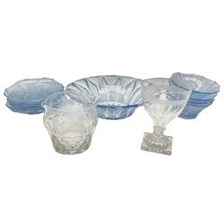 19th century glass rummer, with the bowl with etched band and facet cut decoation, raised upon knopped stem on moulded square lemon squeezer base, H13cm, together with a double spouted glass rinser etched with vines and Art Deco style blue glass bowl and dishes