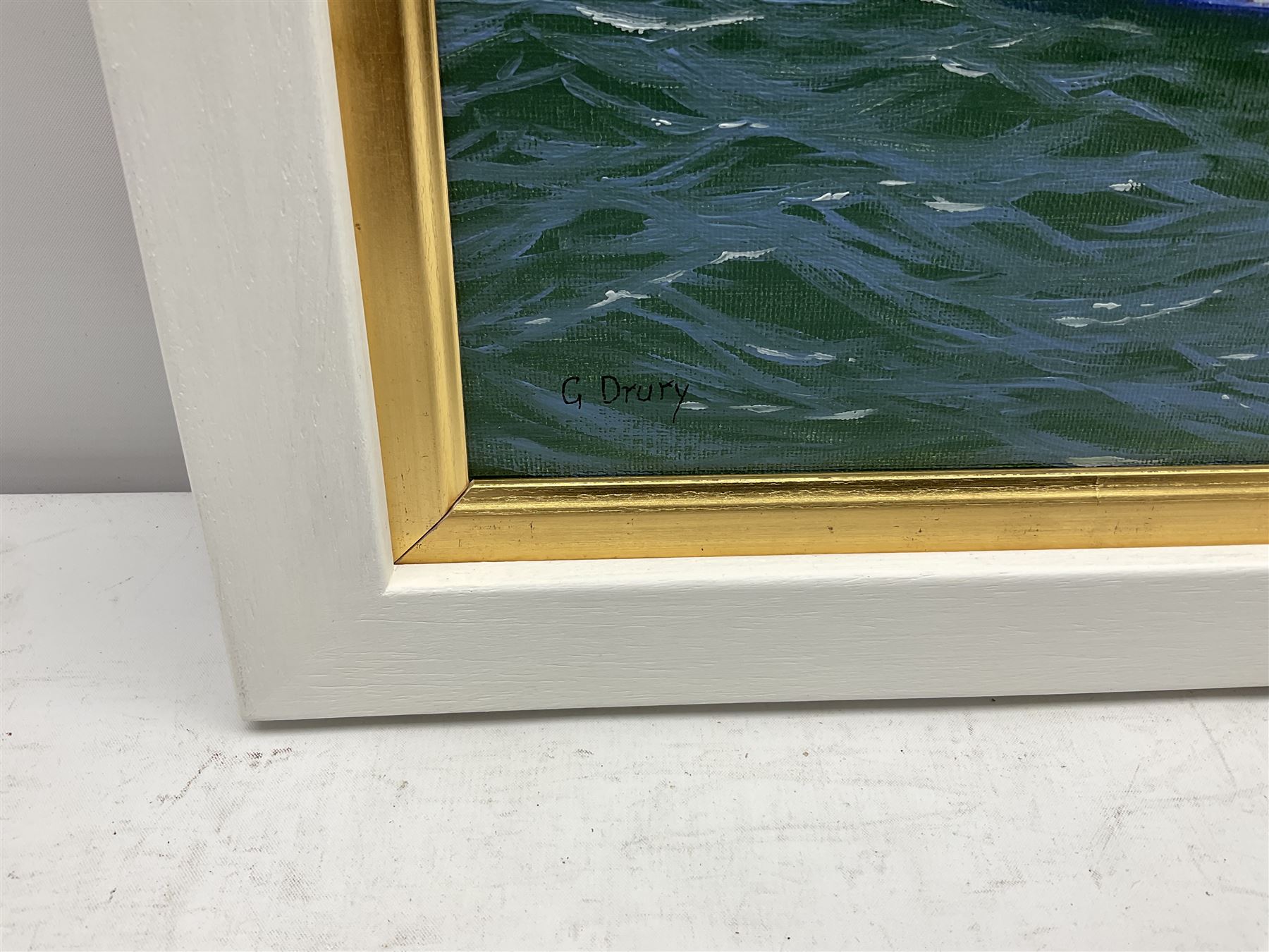 George Drury (British 1950-): J Class Yachts 'Velsheda' 'Endeavour' and 'Shamrock V 1935', oil on canvas board signed, titled verso 42cm x 57cm