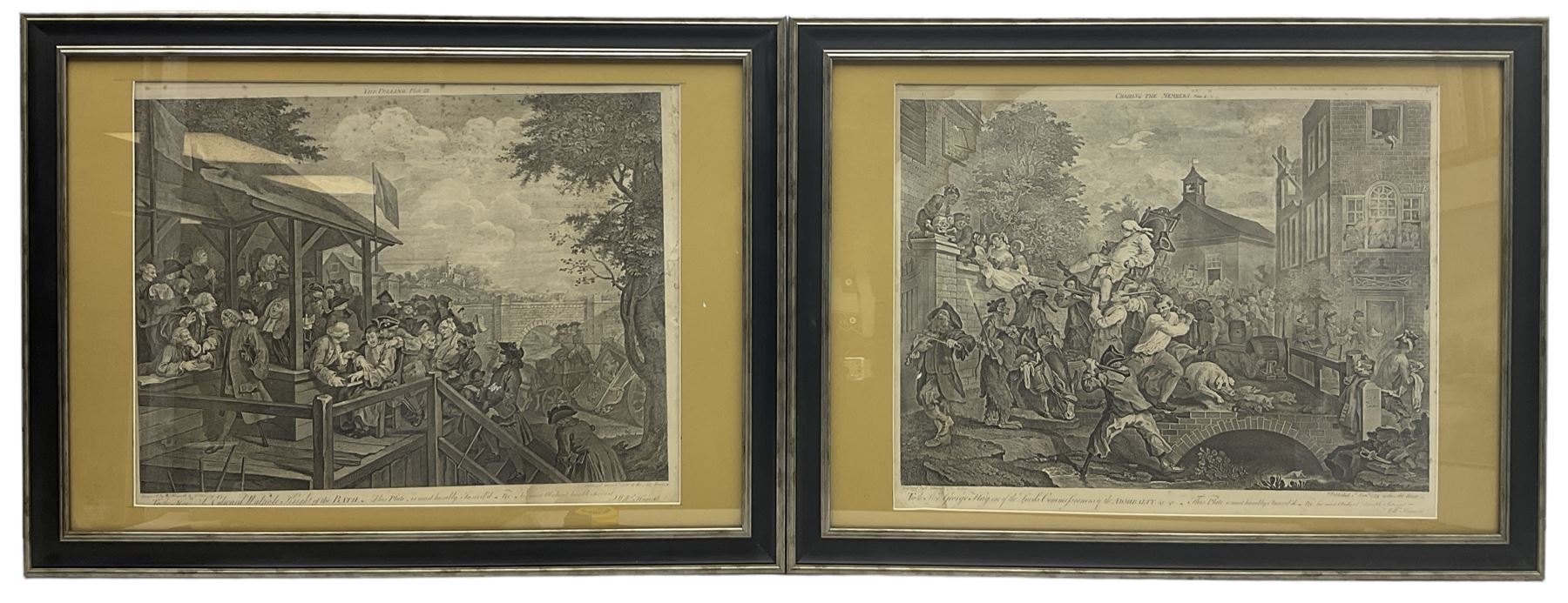 After William Hogarth (British 1697-1764): 'Humours of an Election' - 'An Election Entertainment Plate I' 'Canvassing for Votes Plate II' 'The Polling Plate III' and 'Chairing the Members Plate IV', complete set four engravings originally pub. 1775-1758, 43cm x 56cm (4)