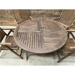 Garden teak table with set four high back reclining chairs
