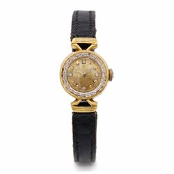 Omega ladies 18ct gold manual wind wristwatch, Cal. 483, gilt dial with diamond and dot ho...