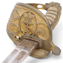 Victorian 1827 pattern Naval officers sword with lions head pommel, wire wound fishskin grip, the brass mounted leather scabbard inscribed 'Galt, Portsmouth', blade length 70cm 