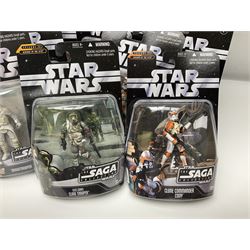 Star Wars - The Saga Collection - Mace Windu's Jedi Starfighter; boxed; and twelve carded figures comprising Biker Scout, General Grievous, At-At Driver, Clone Trooper Sergeant, various other Clone Troopers and Commander Cody, Snowtrooper and Scorch Republic Commander; all in unopened blister packs (13)