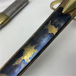 Early 19th century French Lancers officer's sword c1810, the 84cm curving fullered blade retaining most of its bluing, gilding and engraved decoration, inscribed I.S.& C. to ricasso (for Schimelbusch), brass three-bar hilt with elongated elliptical langets and wire-bound leather grip; in polished steel scabbard with two brass suspension rings L100cm overall