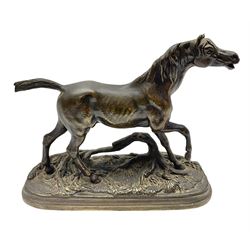 After Jules Moigniez, bronze figure of a horse upon a stepped oval base, H11cm 