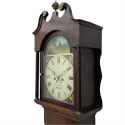 A compact Victorian longcase clock c 1840 with a thirty hour chain driven moment in a mahogany case with a Swans neck pediment and break arch hood door, trunk with canted corners and short trunk door on a square plinth with applied moulding to the base, fully painted break arch dial with representations of fruit to the spandrels and a hunting scene to the arch, with Roman numerals, minute track and plain brass hands, 