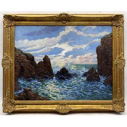 Circle of Henry Moret (French 1856-1913): Sunlit Rocky Coastline, oil on canvas laid on to panel indistinctly signed l.l. 49cm x 64cm