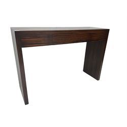 Mid-20th century macassar ebony console table, rectangular bookmatch veneer top, fitted with three drawers, raised on solid end supports; with matching over mantle mirror in Macassar ebony frame (92cm x123cm)