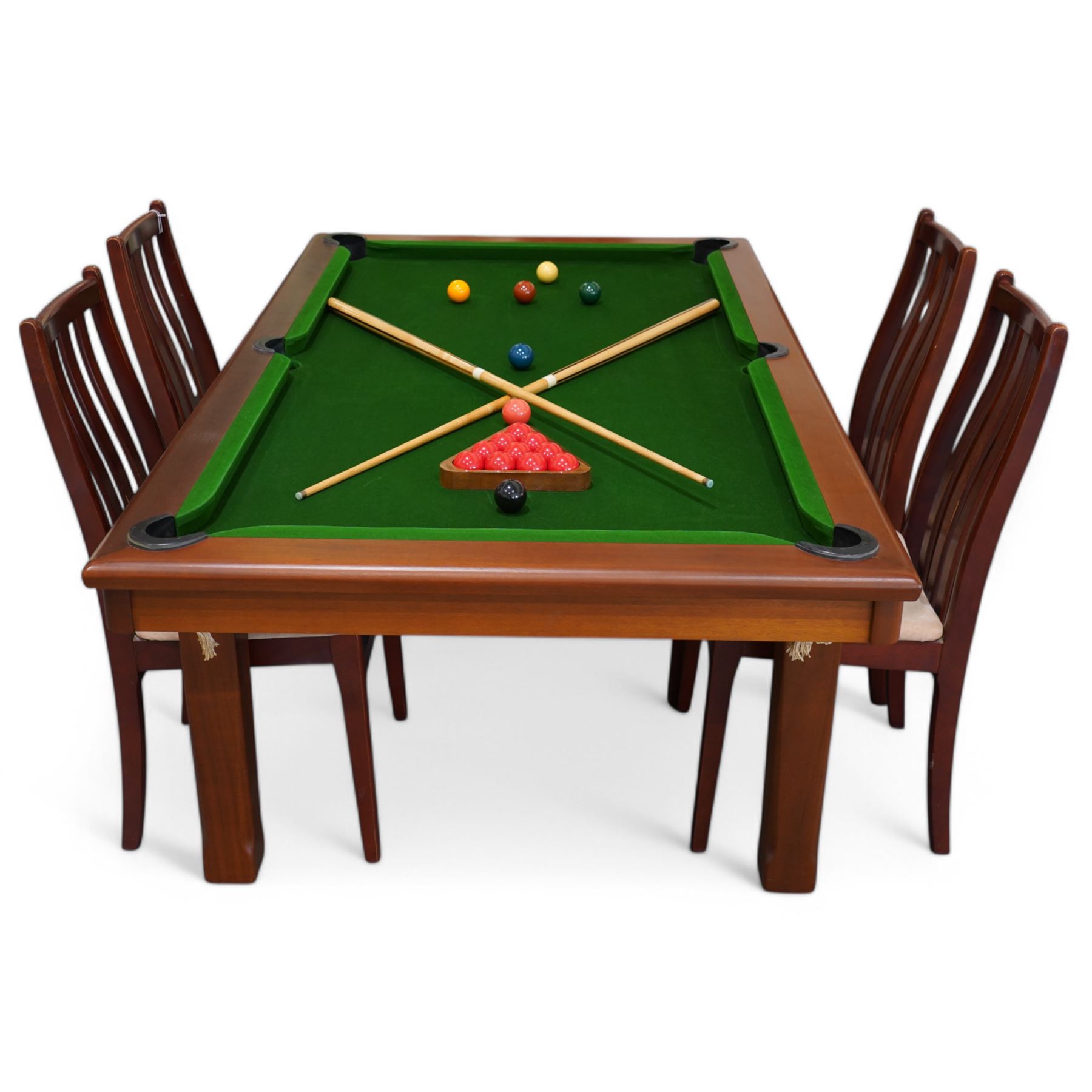 Riley - convertible snooker dining table, with green baize playing surface and removable twin-panel mahogany-effect dining top, raised on square tapering legs, complete with four matching chairs, includes; four cues, a set of snooker balls, triangle, baize brush, chalks, scoreboard, cross rest, spider rest