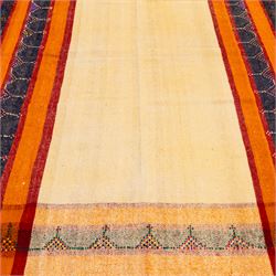 South West Persian Jajim kilim, central ivory field flanked by vertical bands of terracotta orange and dark brown decorated with simple geometric tribal motifs with raised wool pile details, edges finished with small coloured tassels 