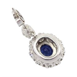 Pair of 18ct white gold oval sapphire and round brilliant cut diamond cluster, pendant stud earrings, total sapphire weight approx 1.20 carat, total diamond weight approx 1.50 carat