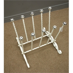  White finish wrought iron boot rack, rope twist and scrolled metal work, W54cm, H56cm, D53cm  