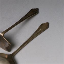 Silver Christening set, comprising spoon, fork and mother of pearl handled knife with engraved initials, together with a silver spoon and pusher set, all hallmarked, in fitted cases