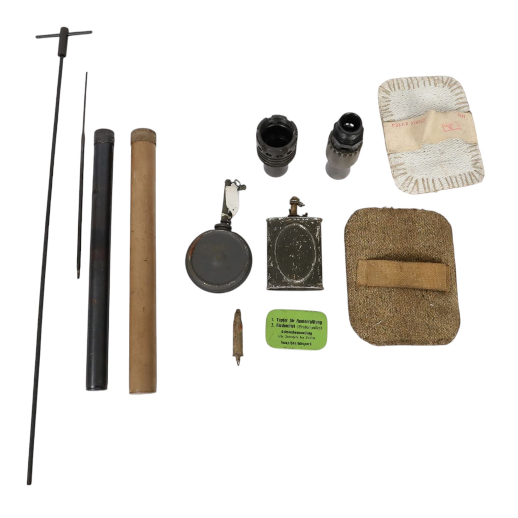 WWII machine gun parts, including heat pads, oil cans, spring and tube, flash hider etc 