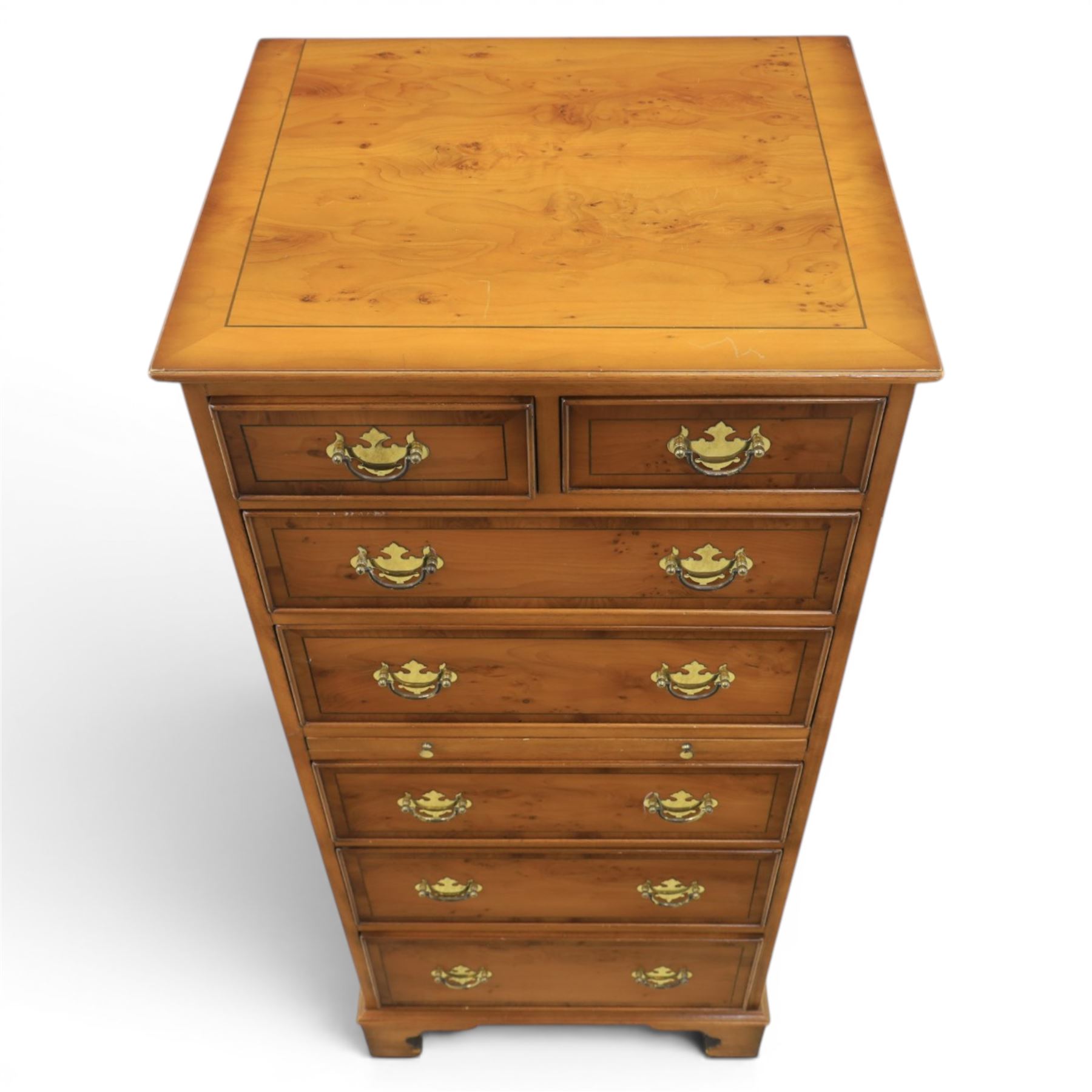 Georgian design yew wood pedestal chest, fitted with seven drawers and slide, brass drop handles