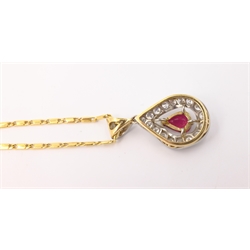  Pear shaped ruby and diamond 18ct white and yellow gold wavy pendant necklace, stamped 750 retailed Ogden Harrogate  