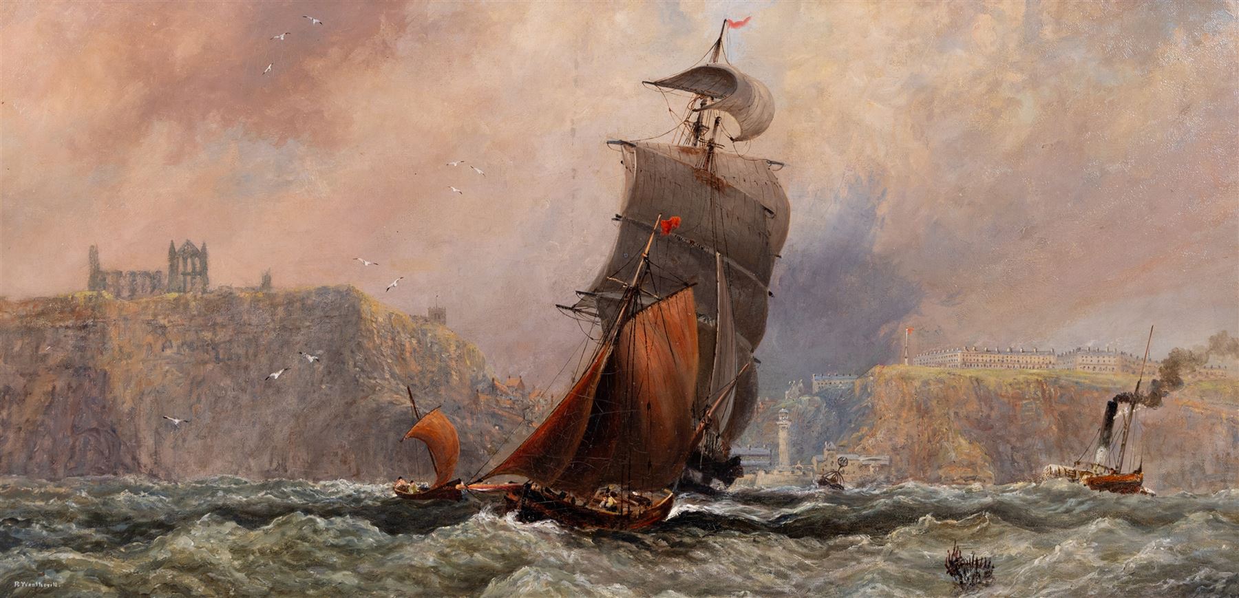 Richard Weatherill (British 1844-1923): Sailing Vessels and Steam Tug leaving Whitby Harbour, oil on canvas signed 37cm x 75cm 
Provenance: private collection, purchased David Duggleby Ltd 6th November 2020 Lot 97