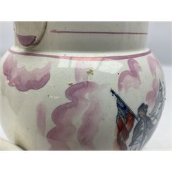 19th century Sunderland large pink lustre jug with the 'The New Bridge', verse and New Bridge panel and another example with Crimea War panel 'May They Ever be United', largest example H18cm
