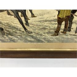 After Gaton Woodville: 'In the Nick of Time', colour print; after Victor Venner: 'The Mowbray Hunt Checked', colour print together with pair colour prints after Fred Elwell, a Chinese print and a mirror max 45cm x 68cm (6)