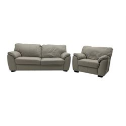 Two seat sofa (W185cm), and matching armchair (W107cm), upholstered in grey leather