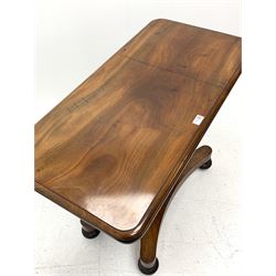 Victorian figured mahogany adjustable reading/games table, rounded rectangular moulded top with sliding action and two hinged sections, tapered octagonal column on platform, four turned feet with recessed castors, 93cm x 47cm, H75cm