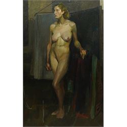 George Hodgkinson (British 1914-1997): Study of a Standing Female Voluptuous Nude, oil on canvas signed verso 75cm x 48cm