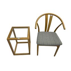 Oak wishbone style chair with upholstered seat (W58cm), and a rectangular oak framed side table with glass inset (40cm x 40cm, H55cm)