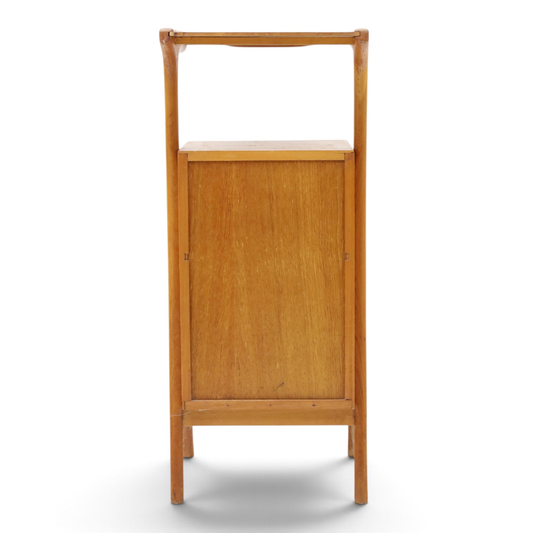 Mid-20th century teak side table with sliding top tray, raised sliding top above an open recess with two shelves, shaped frame support