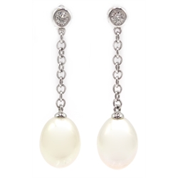  Pair of 18ct gold diamond and pearl pendant ear-rings  