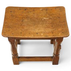 Mouseman - mid-20th century adzed oak joint stool, dished oak seat, on shaped octagonal supports joined by box stretcher, with carved mouse signature, by the workshop of Robert Thompson of Kilburn