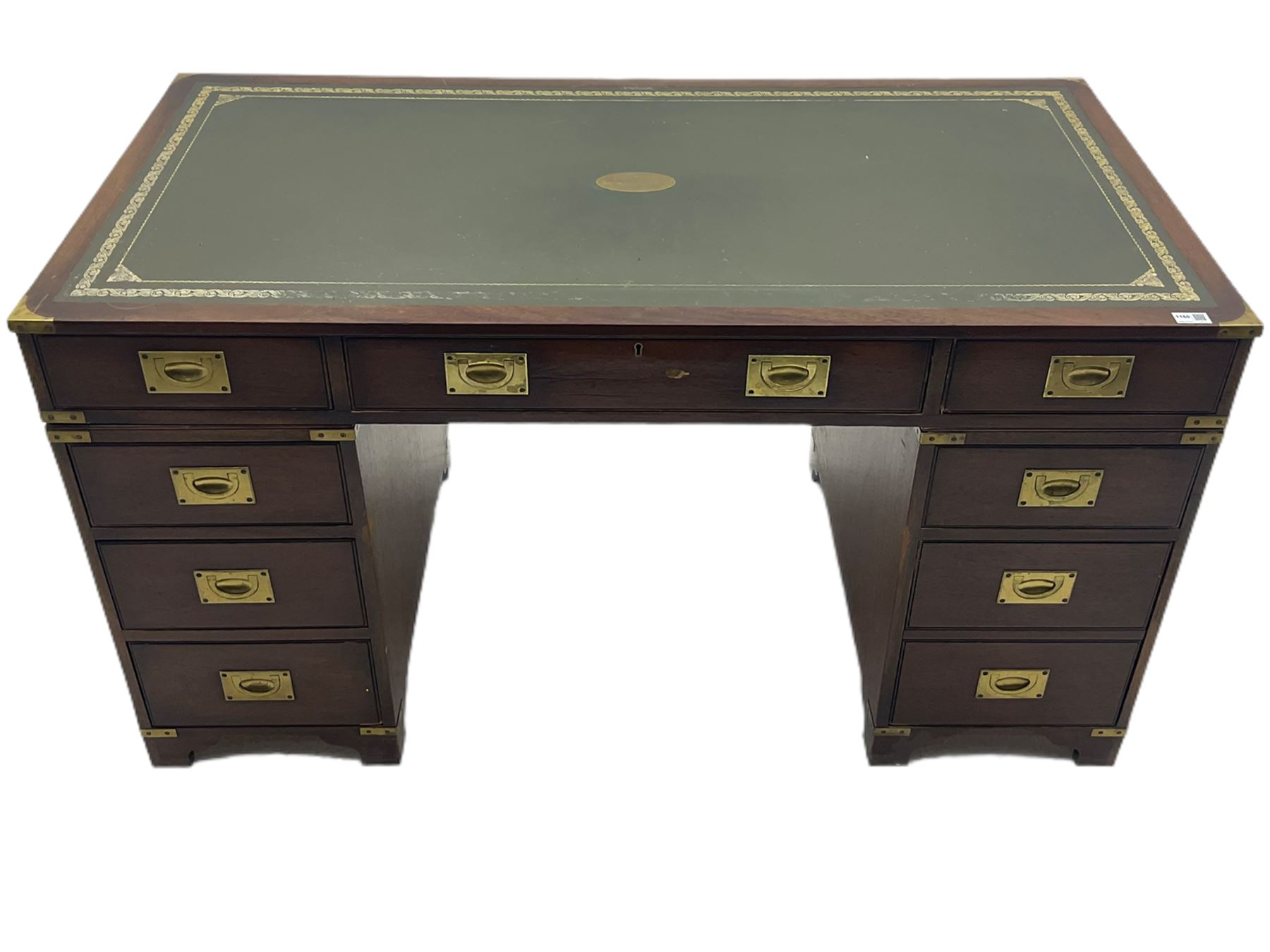 Bevan Funnell Reprodux - Military style mahogany twin pedestal desk, rectangular top with leather inset, fitted with eight drawers, on bracket feet