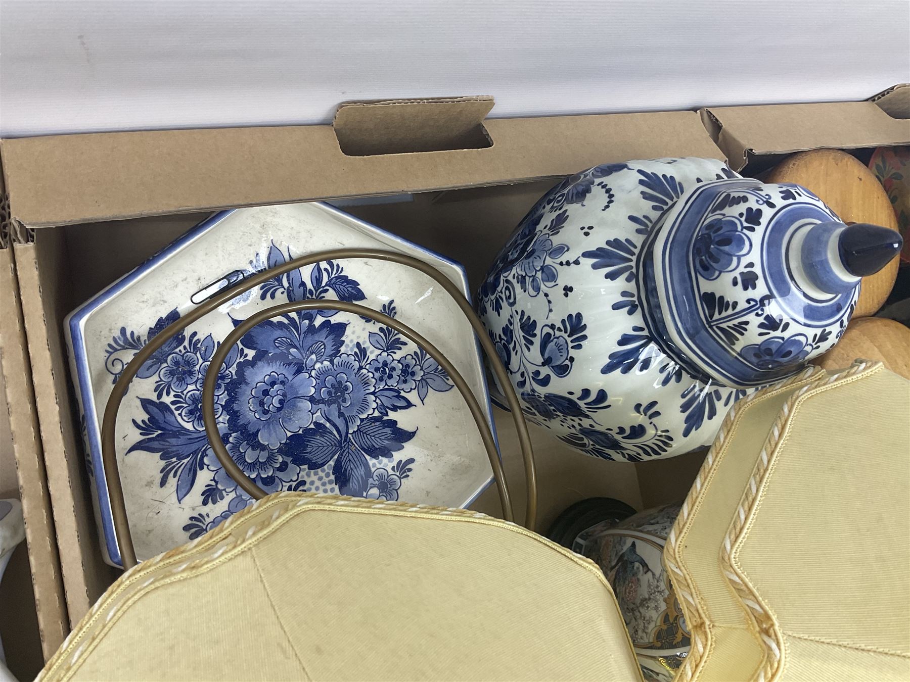 Set of metal weighing scales, pair of Chinese style ceramic table lamps, blue and white ceramics, oriental ceramics and a collection of other glassware, metal ware and collectables, in five boxes 
