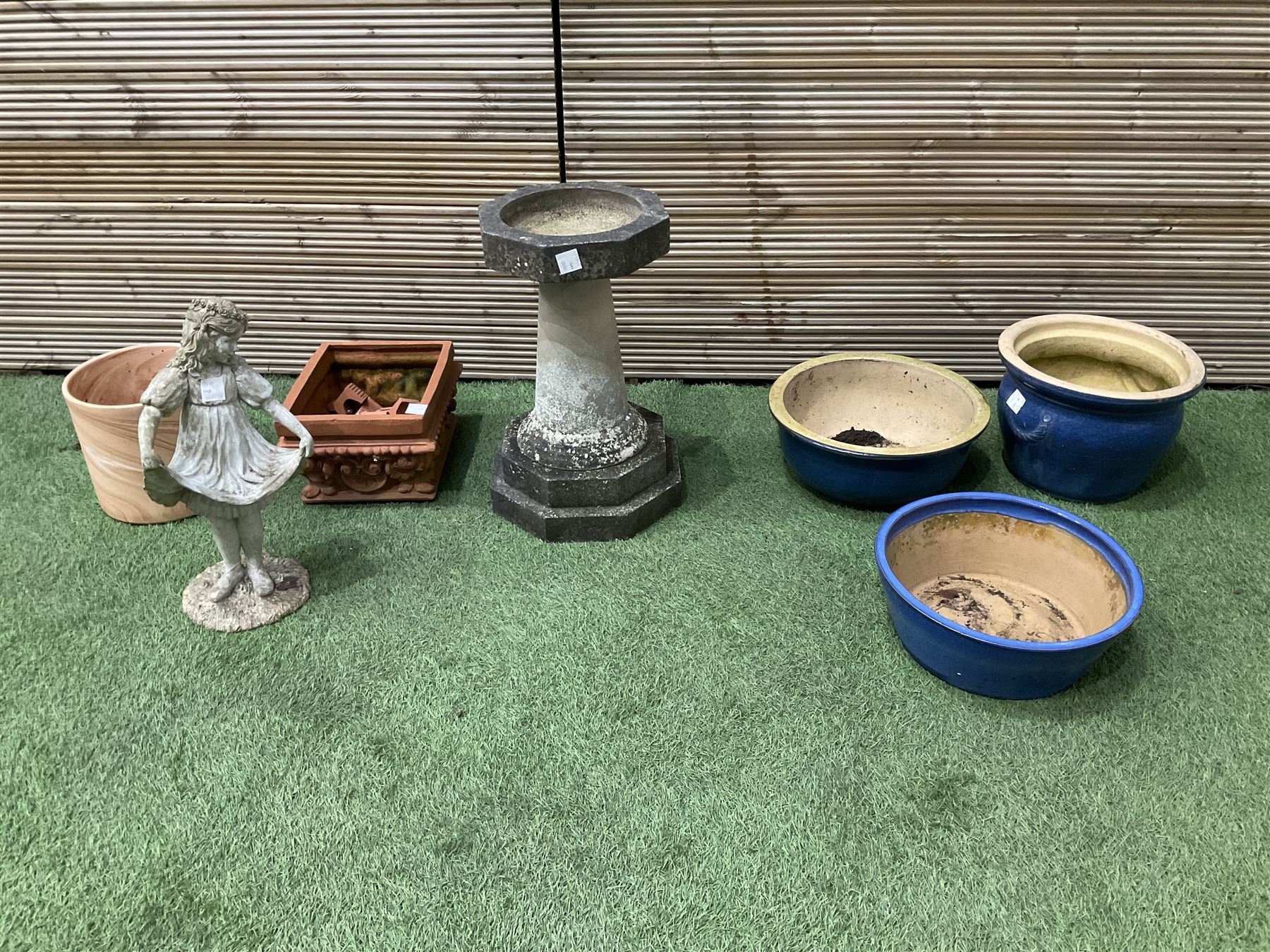 Small cast stone bird bath, figure, glazed and other garden pots - THIS LOT IS TO BE COLLECTED BY APPOINTMENT FROM DUGGLEBY STORAGE, GREAT HILL, EASTFIELD, SCARBOROUGH, YO11 3TX