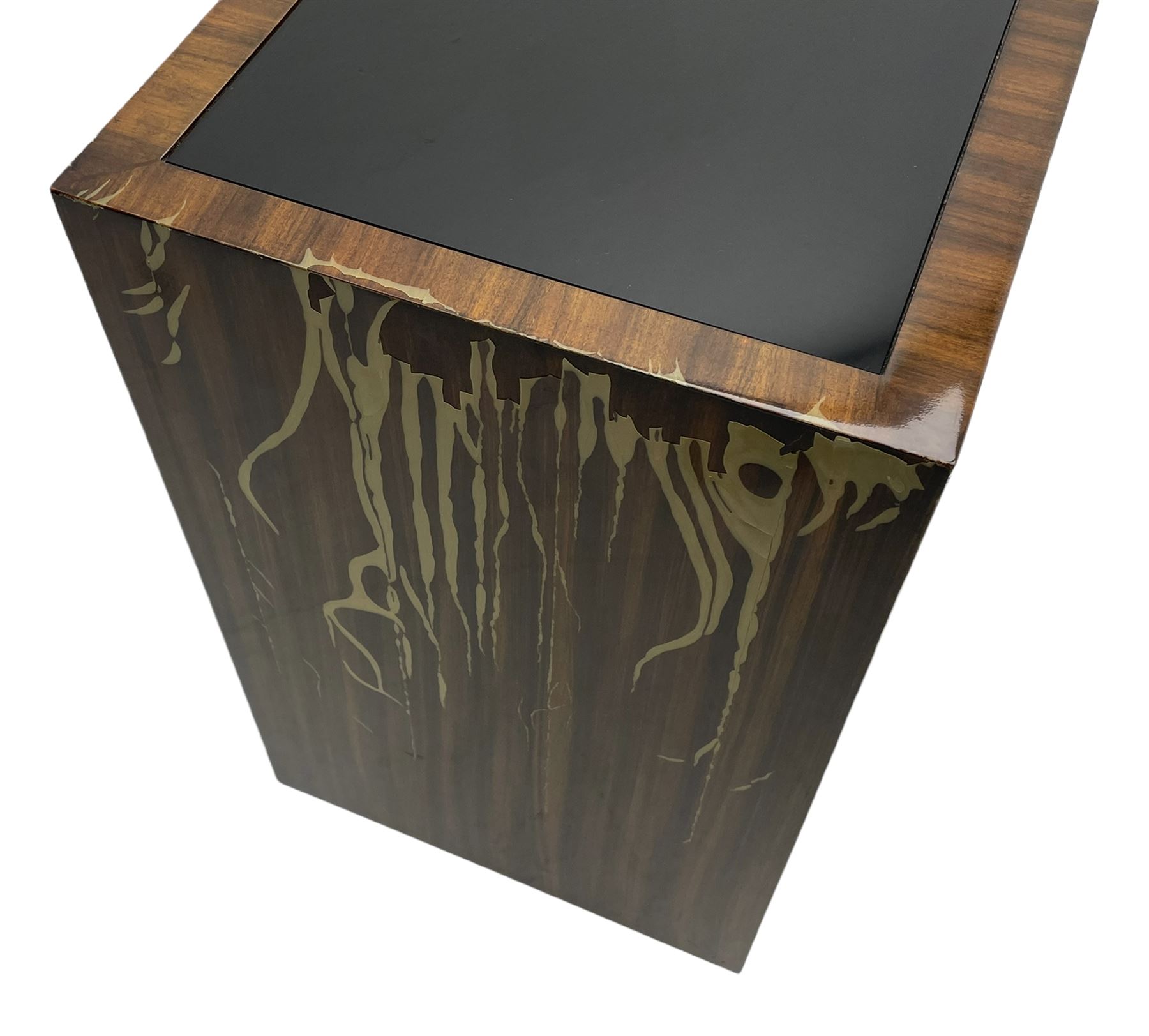Ralph Lauren - pair 'Metropolis' Art Deco design end-tables, rosewood finish box frame with smoke glass inset, each fitted with cupboard, drawer and shelf