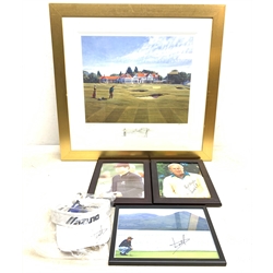  Golf - After Peter Wileman, Ryder Cup Victors Ltd.ed.print 72/795, signed  by artist, Bernard Gallagher and Nick Faldo, after Peter Munro, Muirfield  Ltd.ed.print 62/600, signed by artist, signed photo. of Arnold Palmer, unknown signed photo and Mizuno sun visor, and a photo of Tom Watson, 90cm x 73cm max  (6)  
