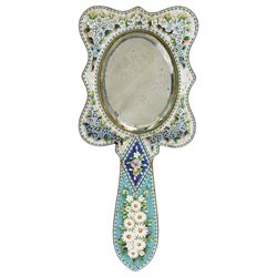 Italian micro mosaic hand mirror, the swept frame decorated with garlands of blue and whit...