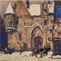 Frederick (Fred) Lawson (British 1888-1968): Snow on the Hôtel de Sens - Paris, gouache and watercolour signed 12.5cm x 12.5cm 