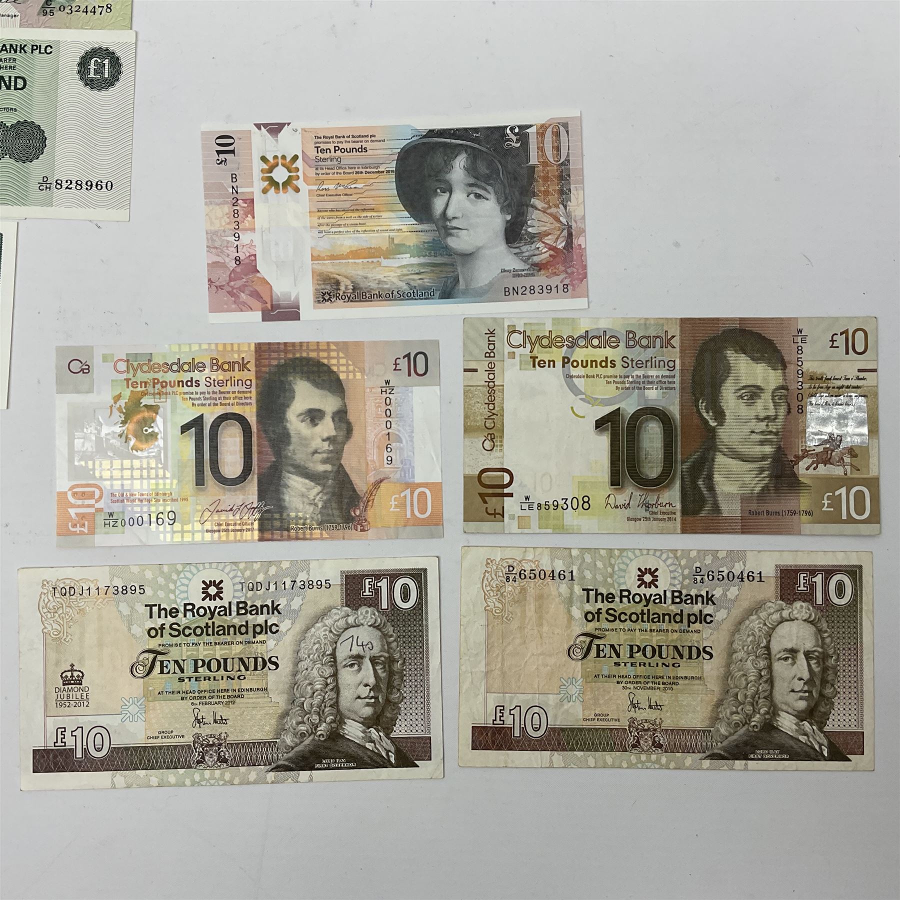 Irish and Scottish banknotes to include Bank of Ireland 5 January 1939 ‘B15’ one pound, two Bank of Scotland 1964 ‘AD07’ and ‘AF05’ one pound notes, one 1966 ‘CQ77’ one pound, and further notes from Clydesdale Bank, National Commercial Bank of Scotland Ltd. etc, housed in plastic sleeves