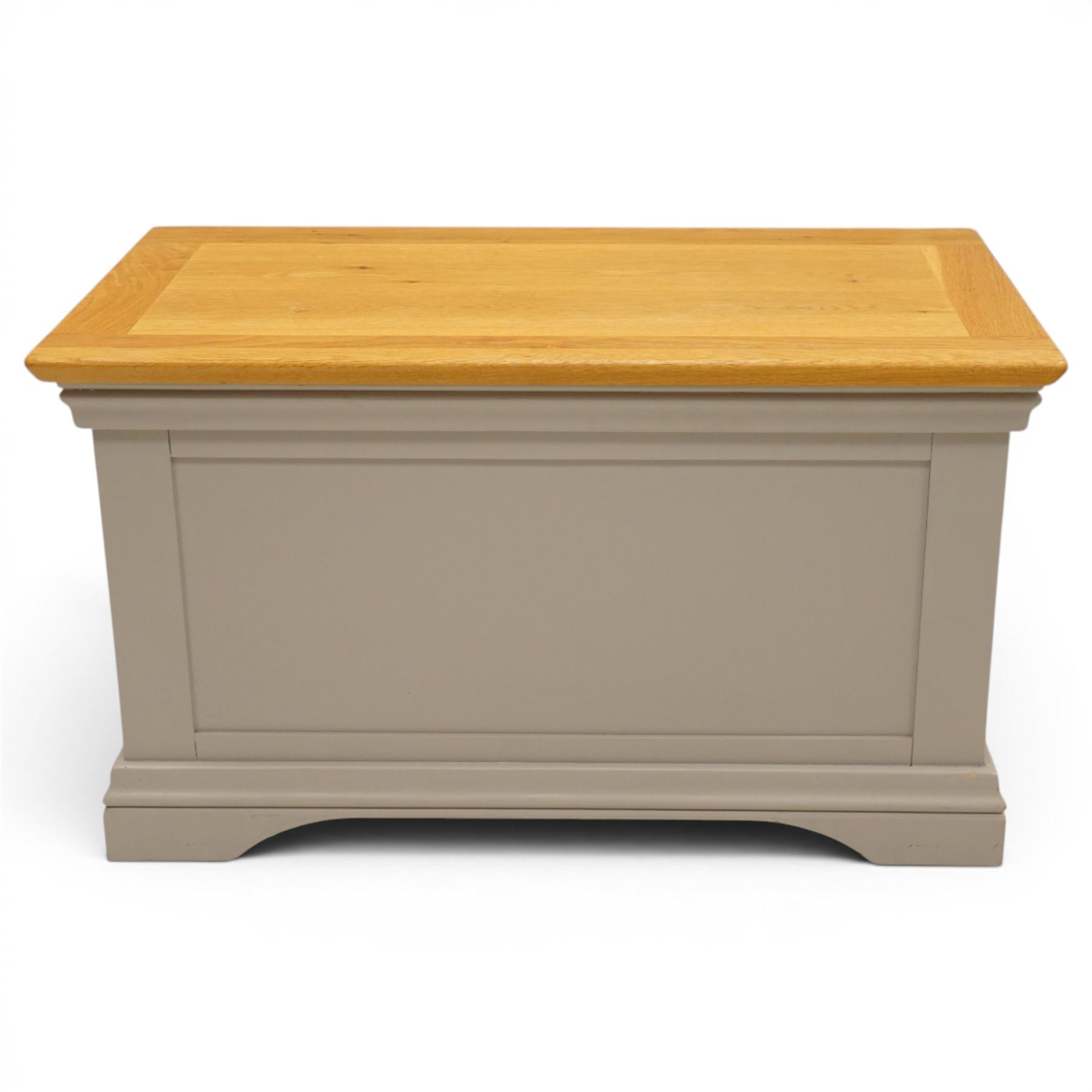 Modern bedroom suite comprising; a dresser, blanket box, bedside table, oak tops over a pale blue with wooden turned knobs

Dresser (H 77cm, D 48cm, W 107cm)
Blanket box (H 51cm, D 48cm W 91cm)
Bedside table (H 64cm, D 39cm, W 54cm)