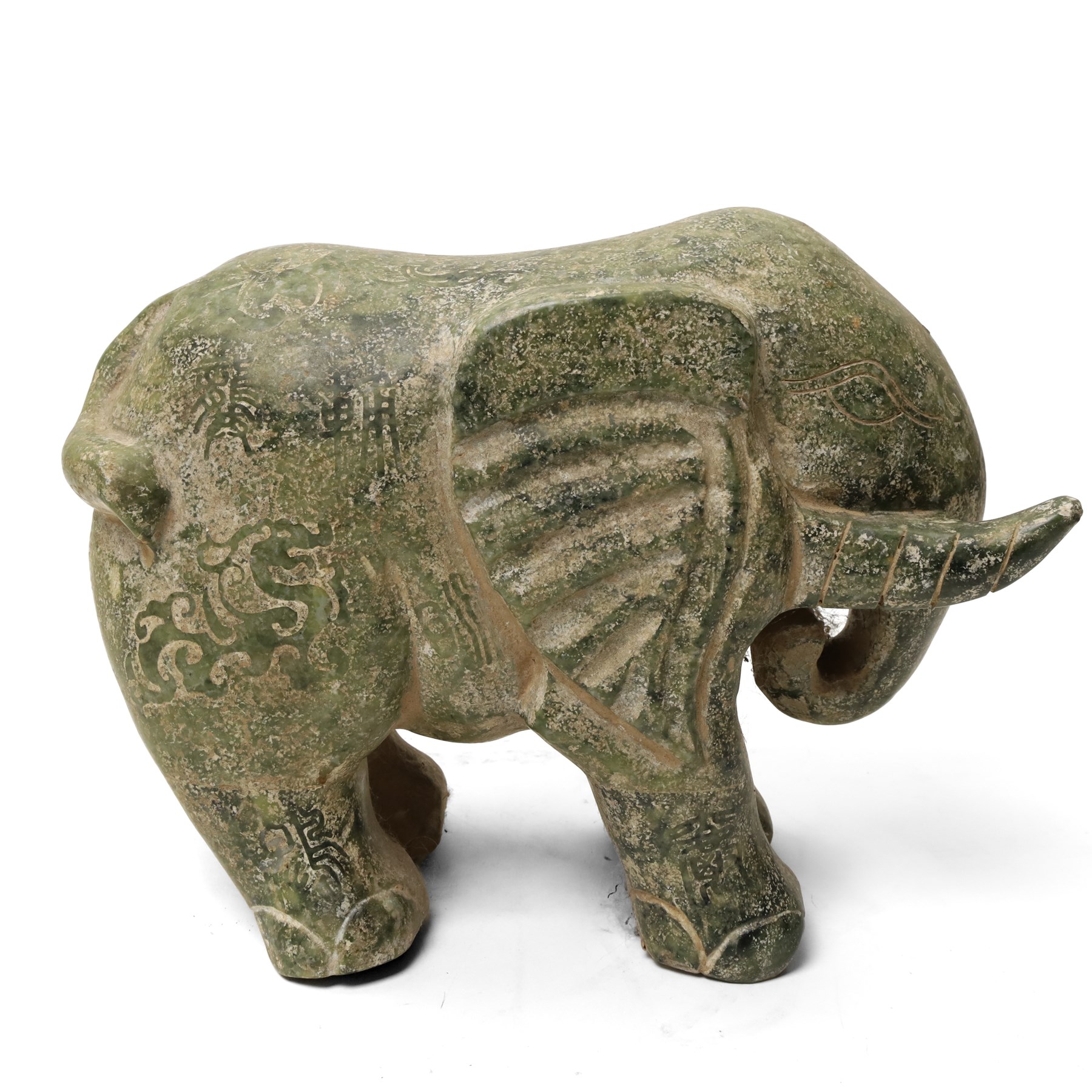 Carved stone Rhino, W44cm and a pair of two green stone Elephants, W38cm (3)