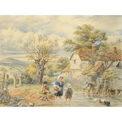 Manner of Myles Birket Foster (British 1825-1899): Children Playing in Stream by a Cottage...