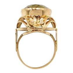14ct rose gold large single stone oval citrine ring, in pierced flowerhead setting, Polish hallmarks