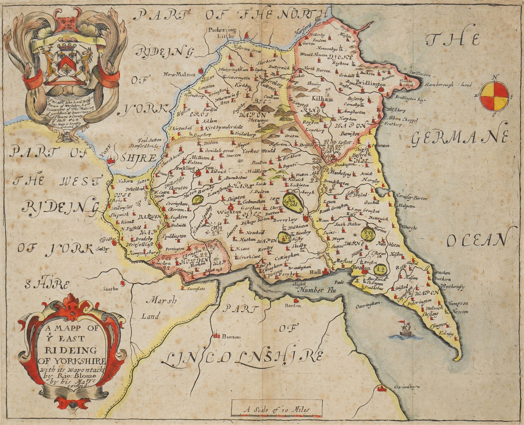 Richard Blome (British 1635-1705): 'A Mapp of Ye East Rideing of Yorkshire [East Riding Yorkshire]', 17th century engraved map with hand-colouring; Thomas Badeslade (British fl.c.1719–1750) and William Henry Toms (British c.1700-1765): 'A Map of Yorkshire North from London', 18th century engraved map with hand-colouring max 24cm x 29cm (2)