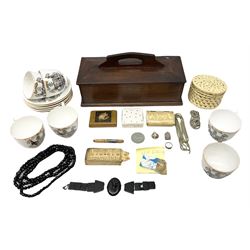 Bone Napoleonic French prisoner of war dominoes, housed in rectangular bone box with lid sliding to reveal miniature dominoes, together with mid 19th century carved bone snuff box, gold fillings, hallmarked silver locket pendant stamped Birmingham, mahogany lidded box of rectangular form, jewellery and teacups and saucers for six