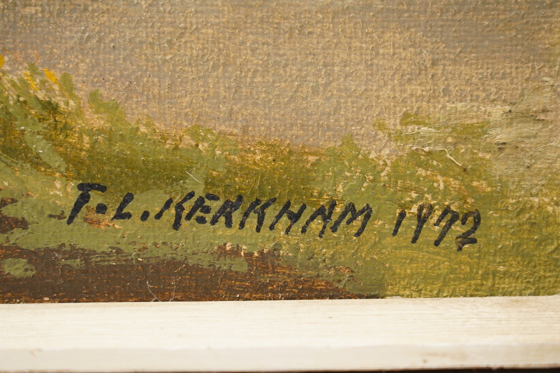 Thomas Leslie Kerkham (Yorkshire 1918-1986): Cows Roaming Over a Bridge - Dales, oil on canvas signed and dated 1972, 61cm x 114cm