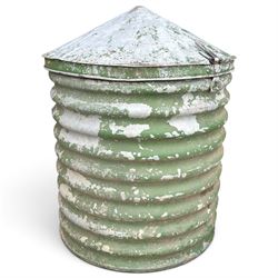 Galvanised storage drum with cover, of ribbed design in rustic green-painted finish