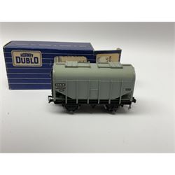 Hornby Dublo - twenty wagons including Cattle Trucks; Low-Sided Wagons; Cable Drum Wagons; Tank Wagon for Shell Lubricating Oil; Mineral Wagons; 20-Ton Bulk Grain Wagons; Goods Brake Vans; Furniture Containers etc; all in blue striped boxes (20)